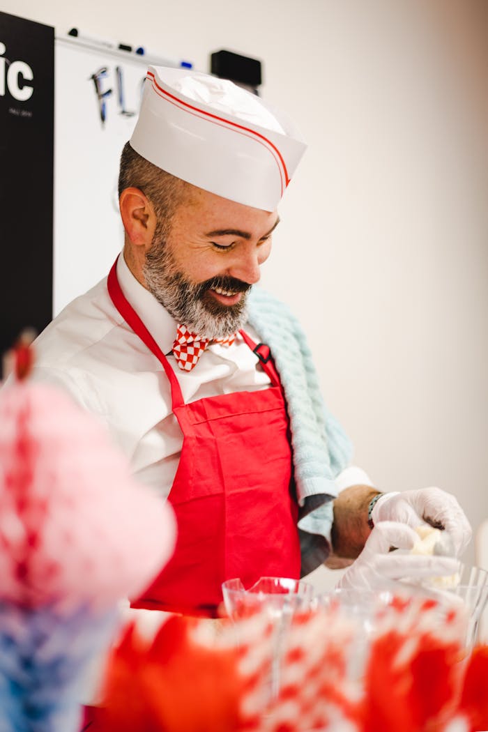 Smiling man in a red apron and hat serving ice cream indoors.
